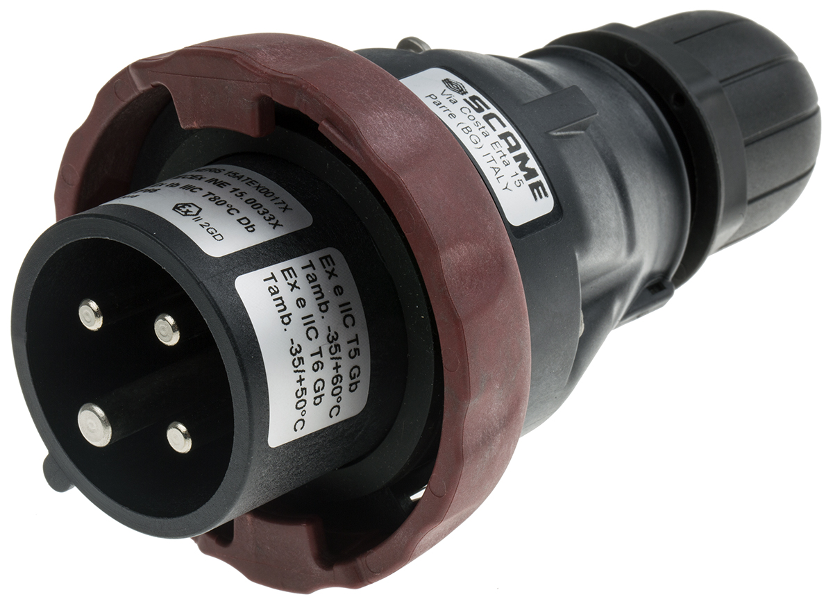 Scame, OPTIMA-EX(GD) IP66 Red Cable Mount 3P+PE Straight Power Connector IECEx/ATEX, 16A, 380V, 415 V