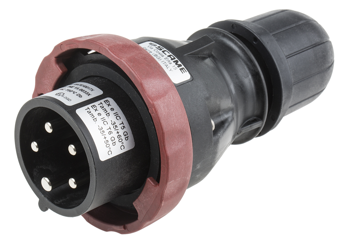 Scame, OPTIMA-EX(GD) IP66 Red Cable Mount 3P+N+PE Straight Power Connector IECEx/ATEX, 16A, 346V, 415 V
