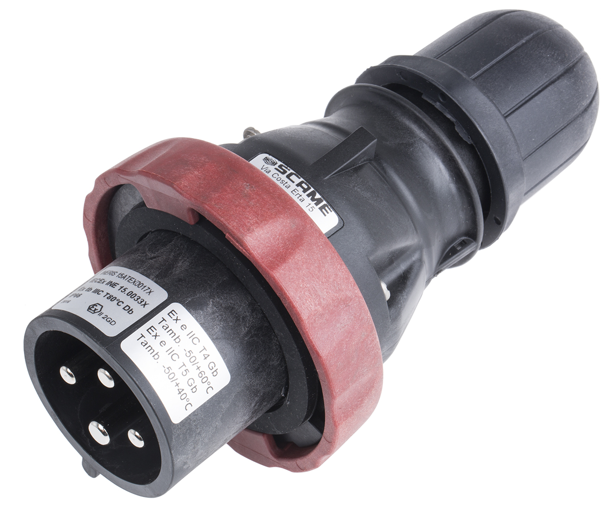 Scame, OPTIMA-EX(GD) IP66 Red Cable Mount 3P+PE Straight Power Connector IECEx/ATEX, 32A, 380V, 415 V