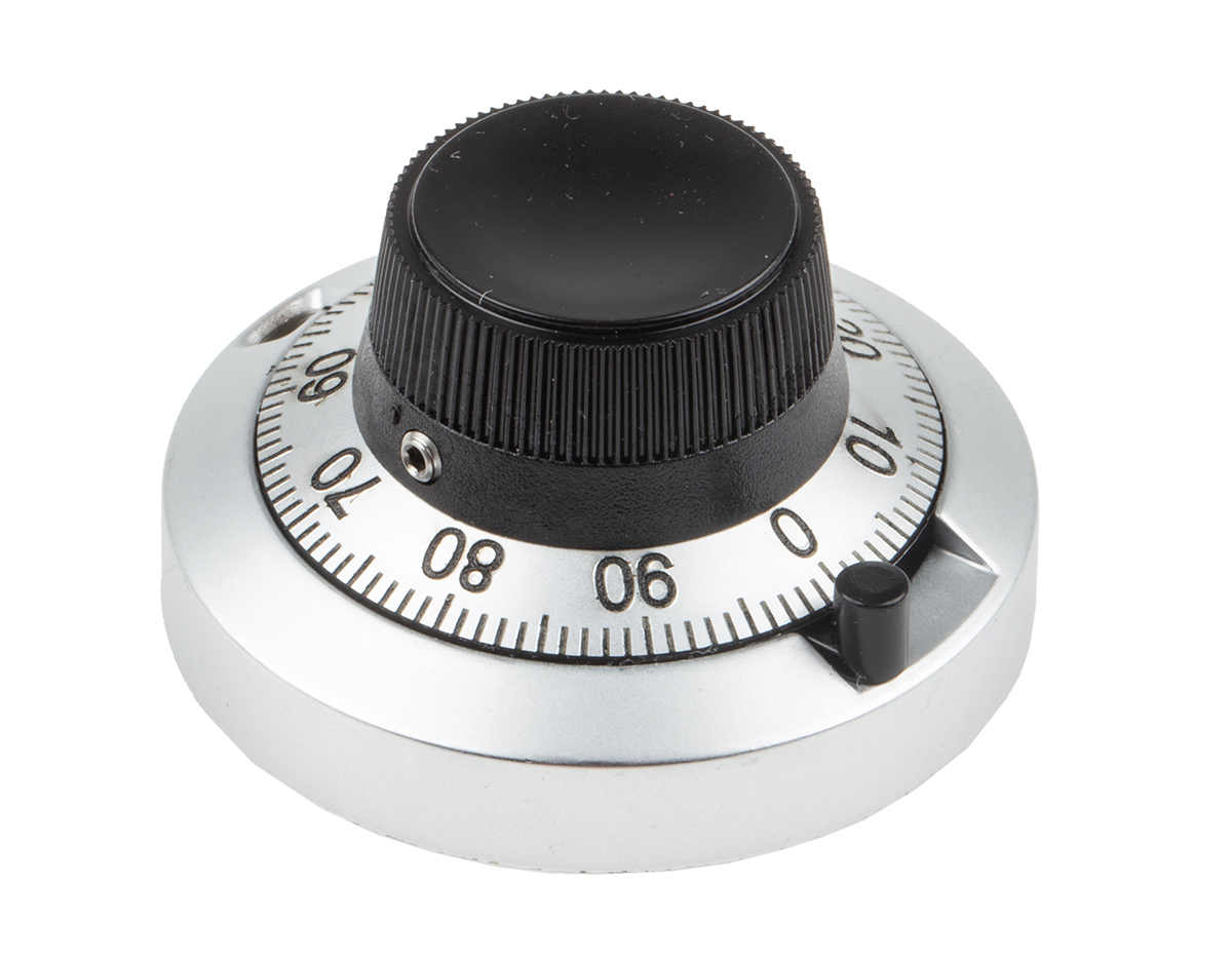 21pa11b10 Vishay 46 mm Knob Diameter Chrome Potentiometer Knob for 6.35 mm Shaft Circular, 21PA11B10
