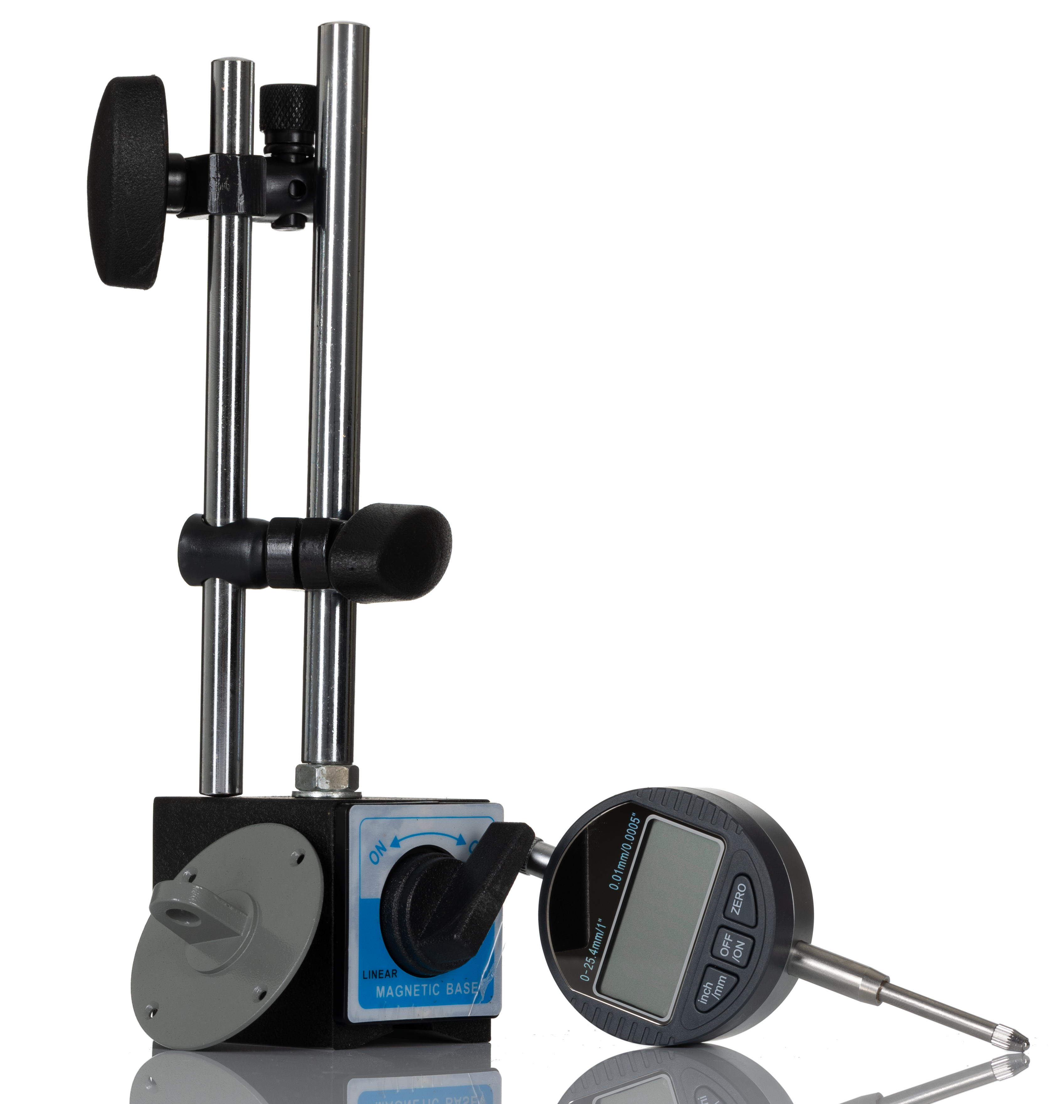 RS PRO Metric 25 mm / 1 in Travel, 1 x Magnetic Base-MB-1, 1 x Plunger Digital Indicator Measuring Set