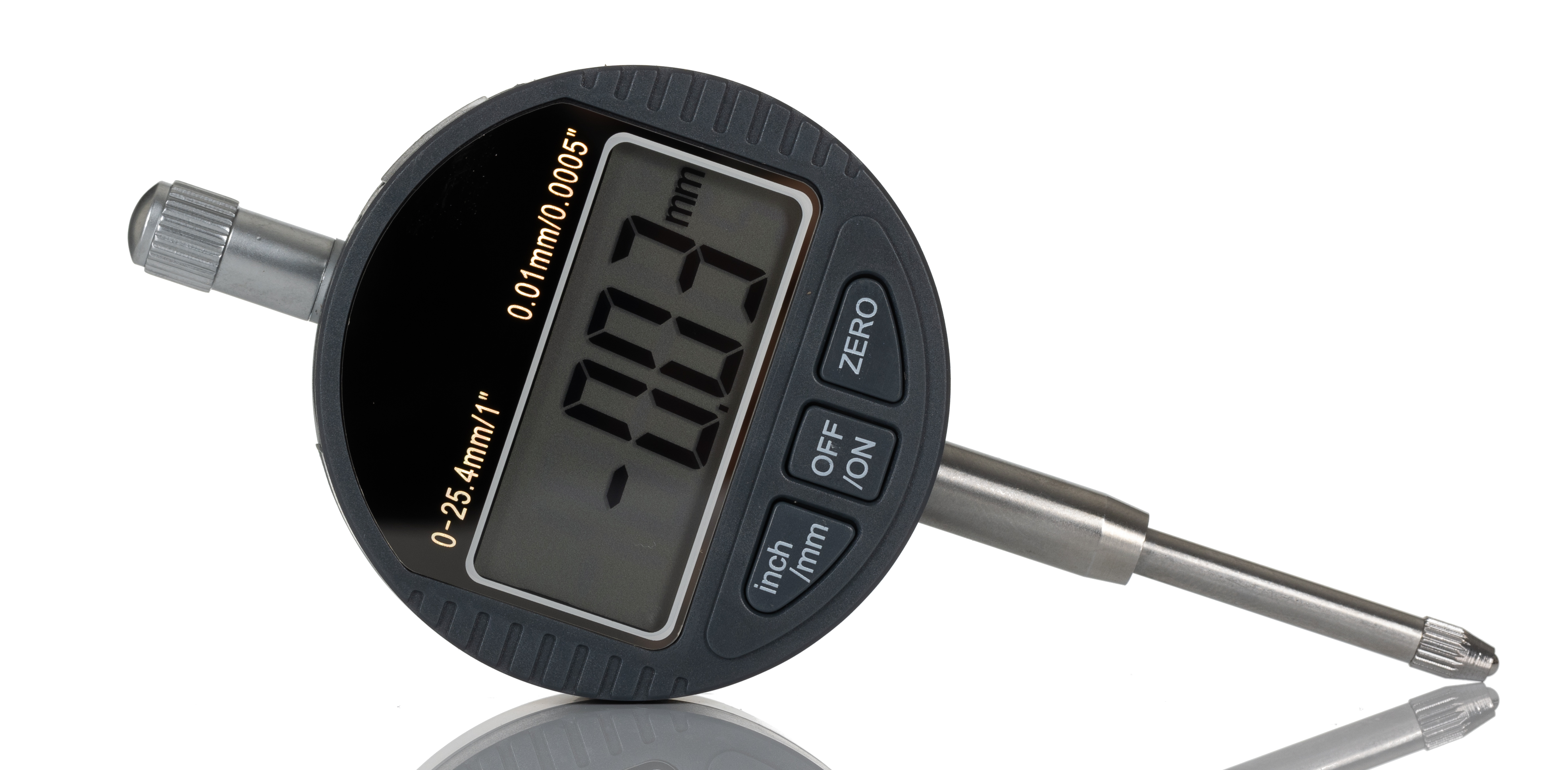 226-6250 RS PRO Metric 25 mm / 1 in Travel, 1 x Magnetic Base-MB-1, 1 x Plunger Digital Indicator Measuring Set