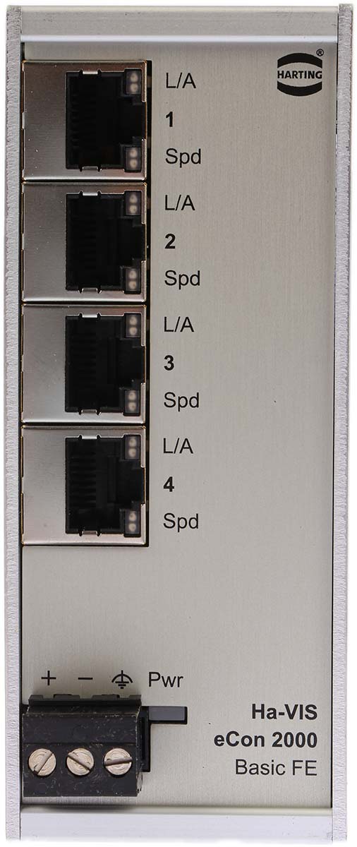 24020040010 HARTING DIN Rail Mount Industrial Ethernet Switch, 4 RJ45 Ports, 10/100Mbit/s Transmission, 28/48V dc