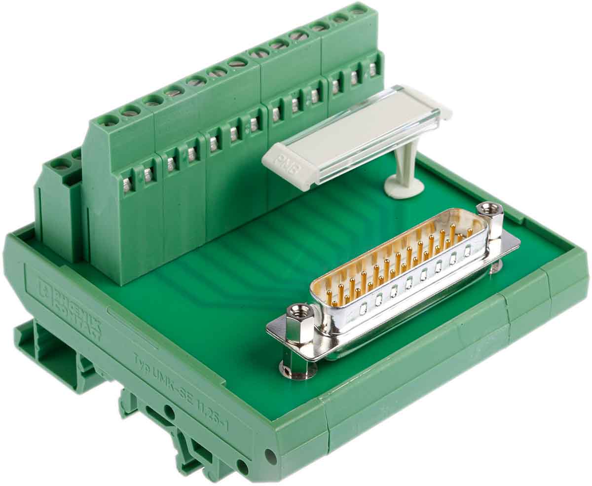 2281144 Phoenix Contact FLKM-D25 SUB/S Series 25-Contact Male Interface Module, D-Sub Connector, DIN Rail, 2.5A