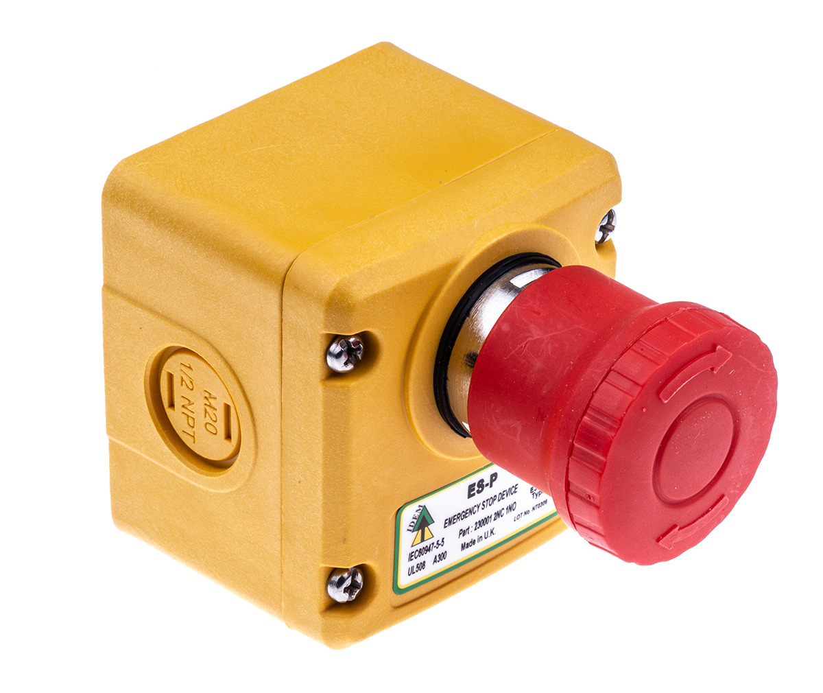 230001 IDEM ES Series Twist Release Emergency Stop Push Button, Surface Mount, 2 NC/1 NO, IP67