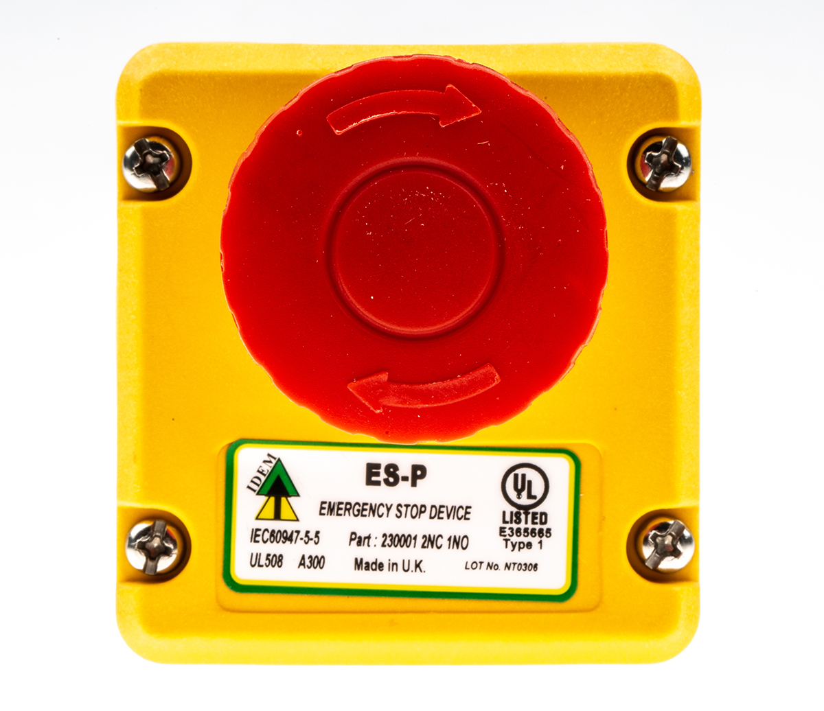 230001 IDEM ES Series Twist Release Emergency Stop Push Button, Surface Mount, 2 NC/1 NO, IP67