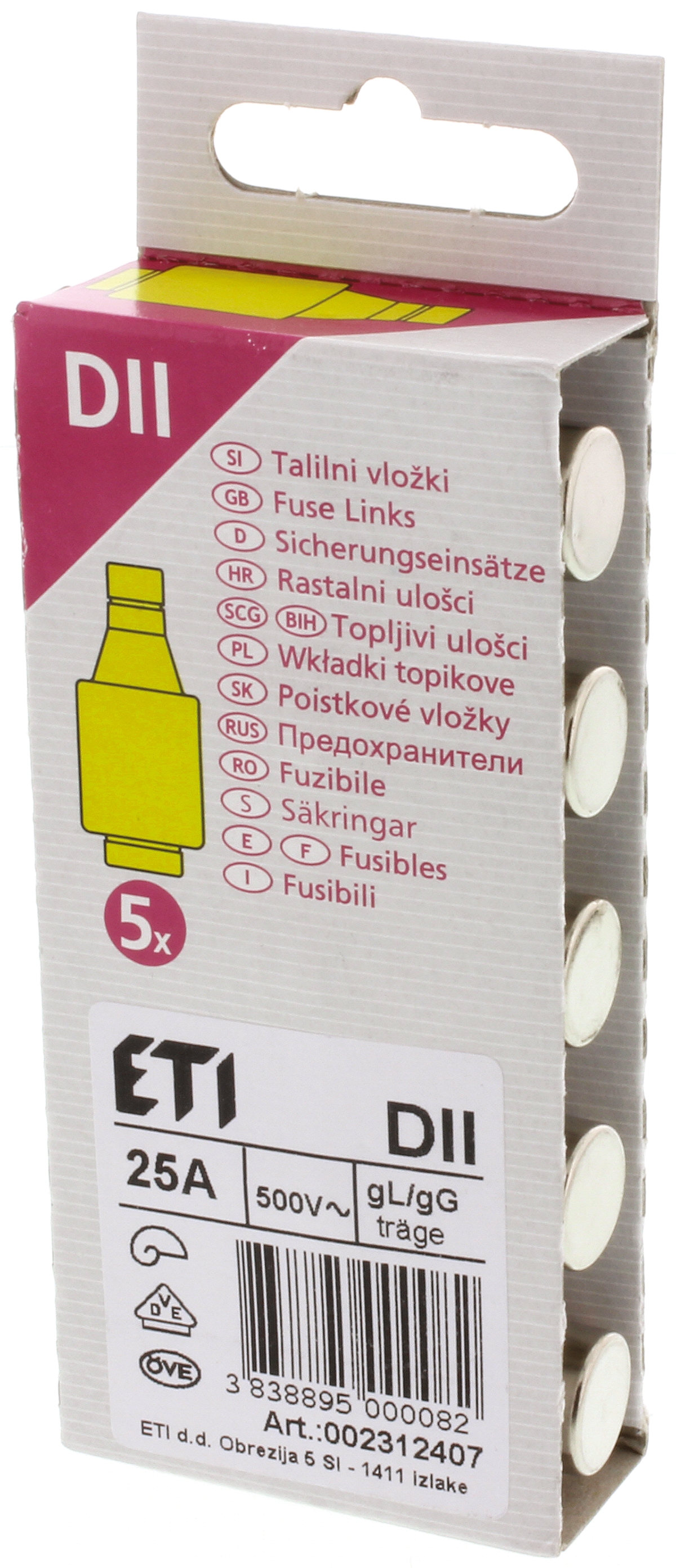 ETI 25A D2 Diazed Fuse, E27 Thread Size, 500V ac