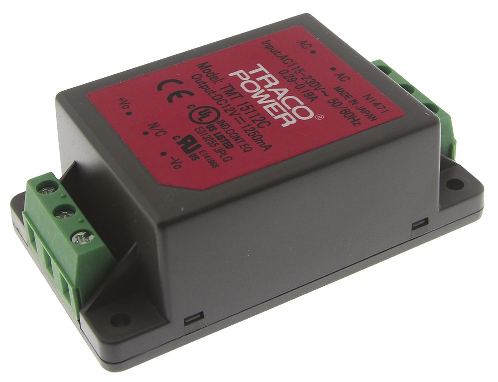 TRACOPOWER Switching Power Supply, TMT 15112C, 12V dc, 1.25A, 15W, 1 Output, 85 → 264 V ac, 85 → 370 V dc