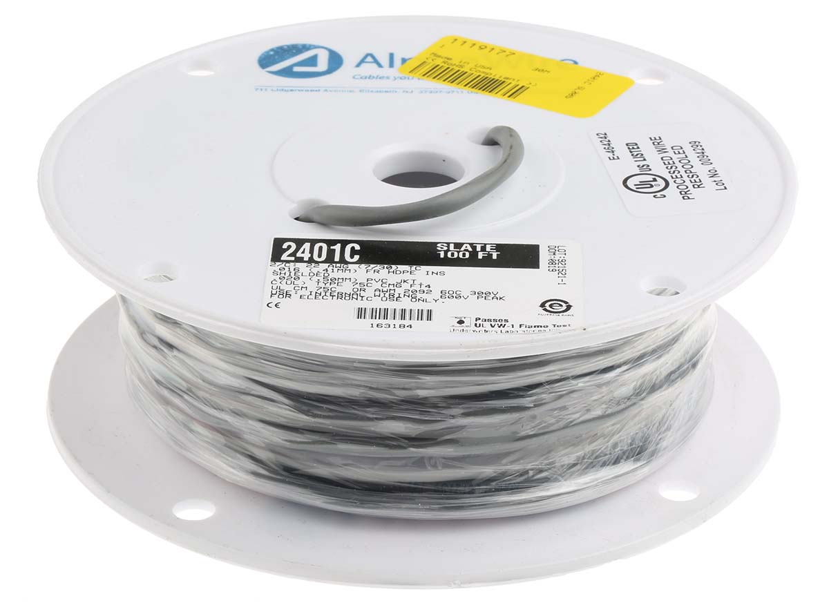 2401c-sl005 Alpha Wire Alpha Essentials Communication & Control Control Cable, 2 Cores, 0.35mm² 22 AWG, Screened, 30 m, Grey