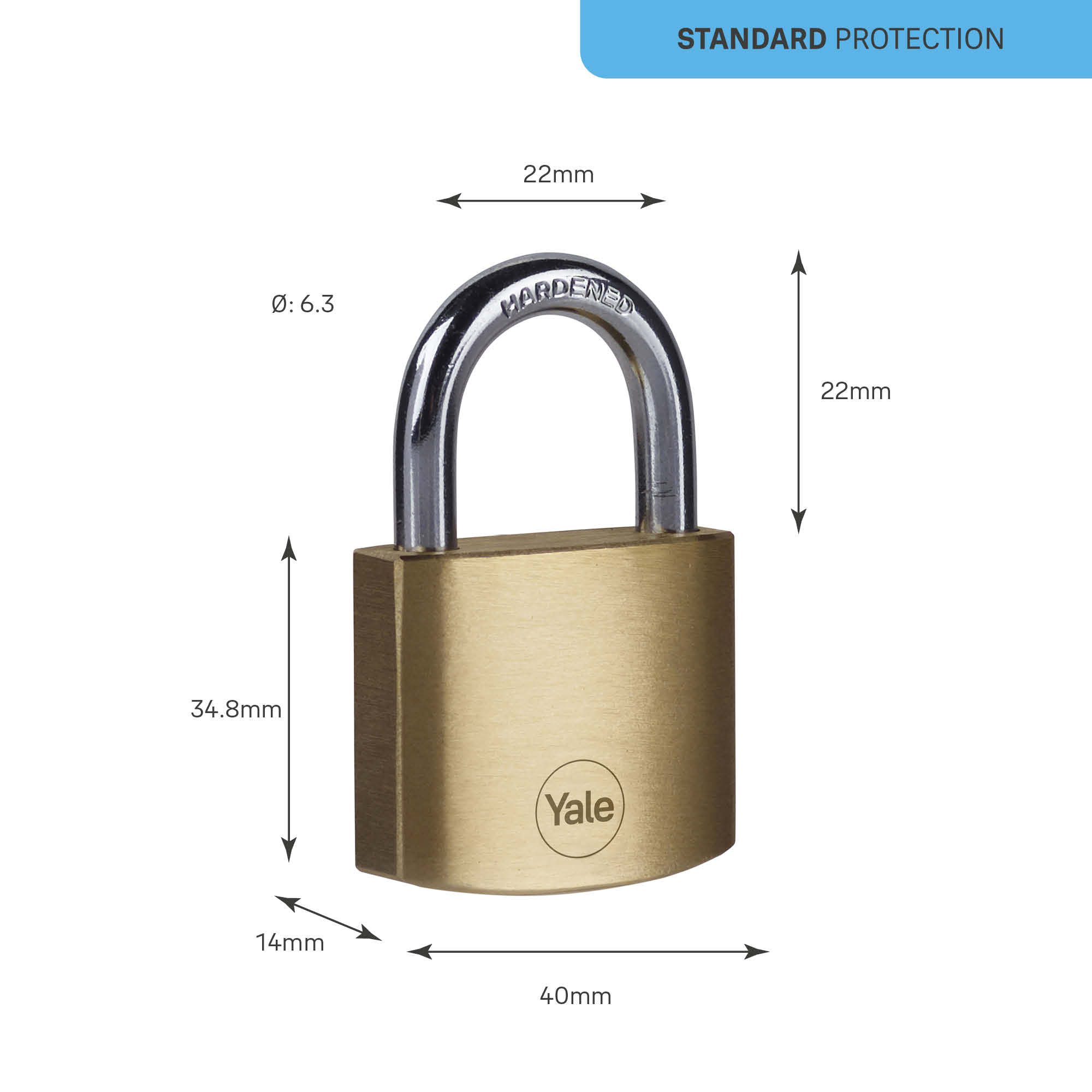 24250000 Yale1 Keyed Brass, Steel Padlock Weatherproof, 6.3 mm Shackle, 40mm Body
