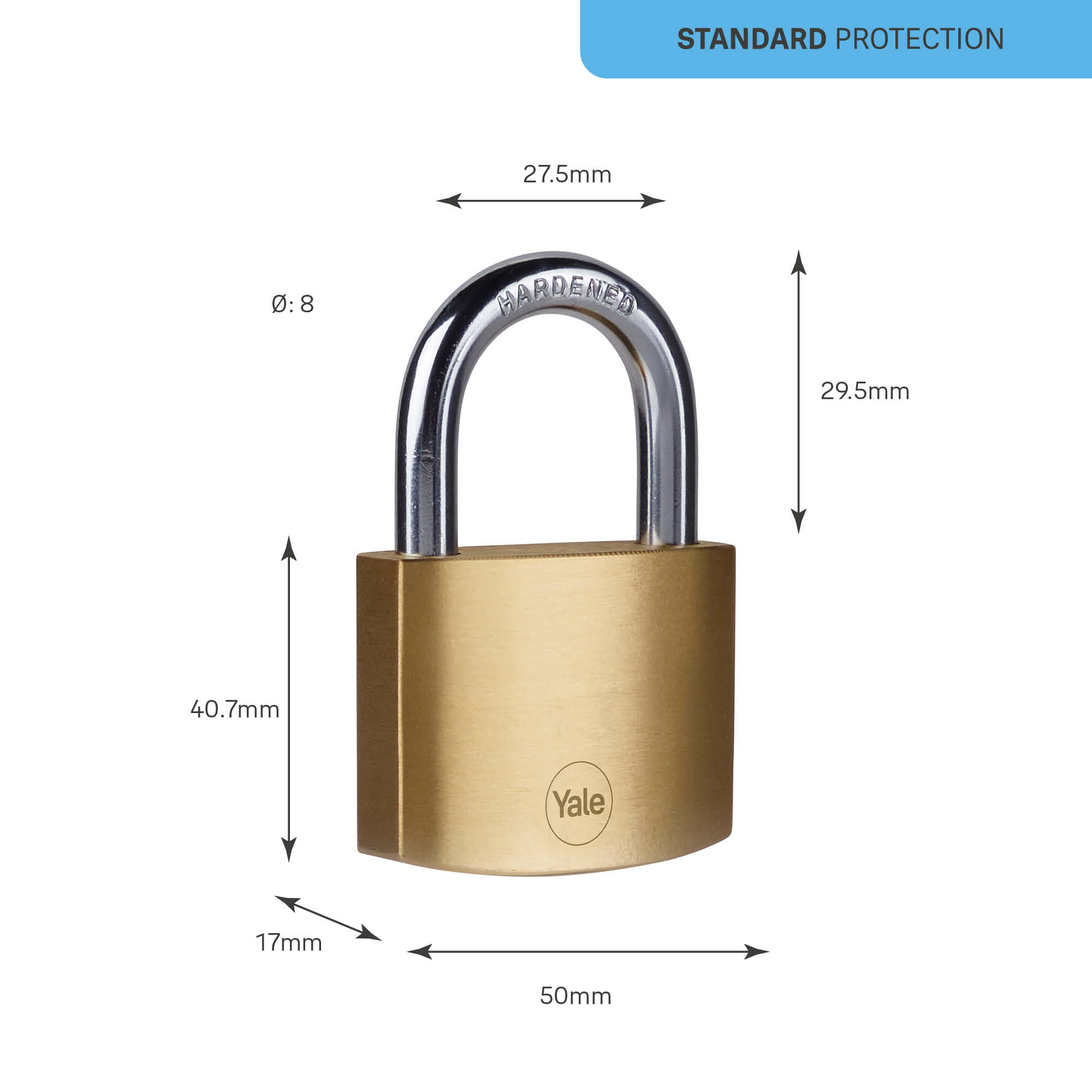 24258000 Yale1 Keyed Brass, Steel Padlock Weatherproof, 8 mm Shackle, 50mm Body