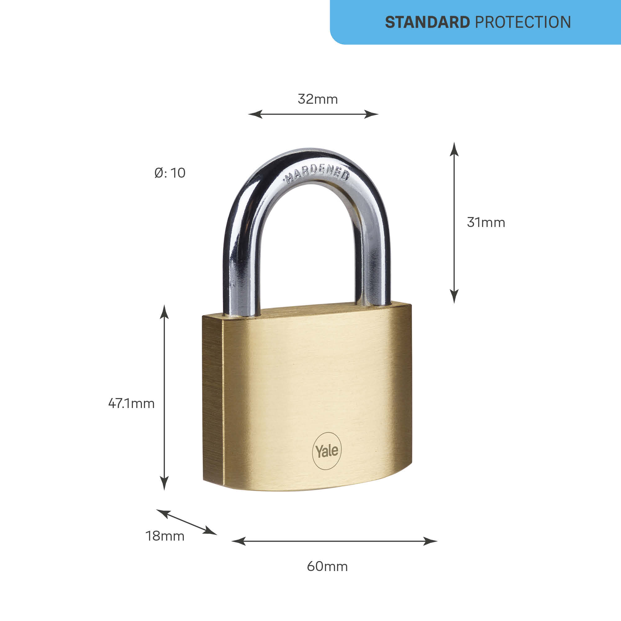24261000 Yale1 Keyed Brass, Steel Padlock Weatherproof, 10 mm Shackle, 60mm Body