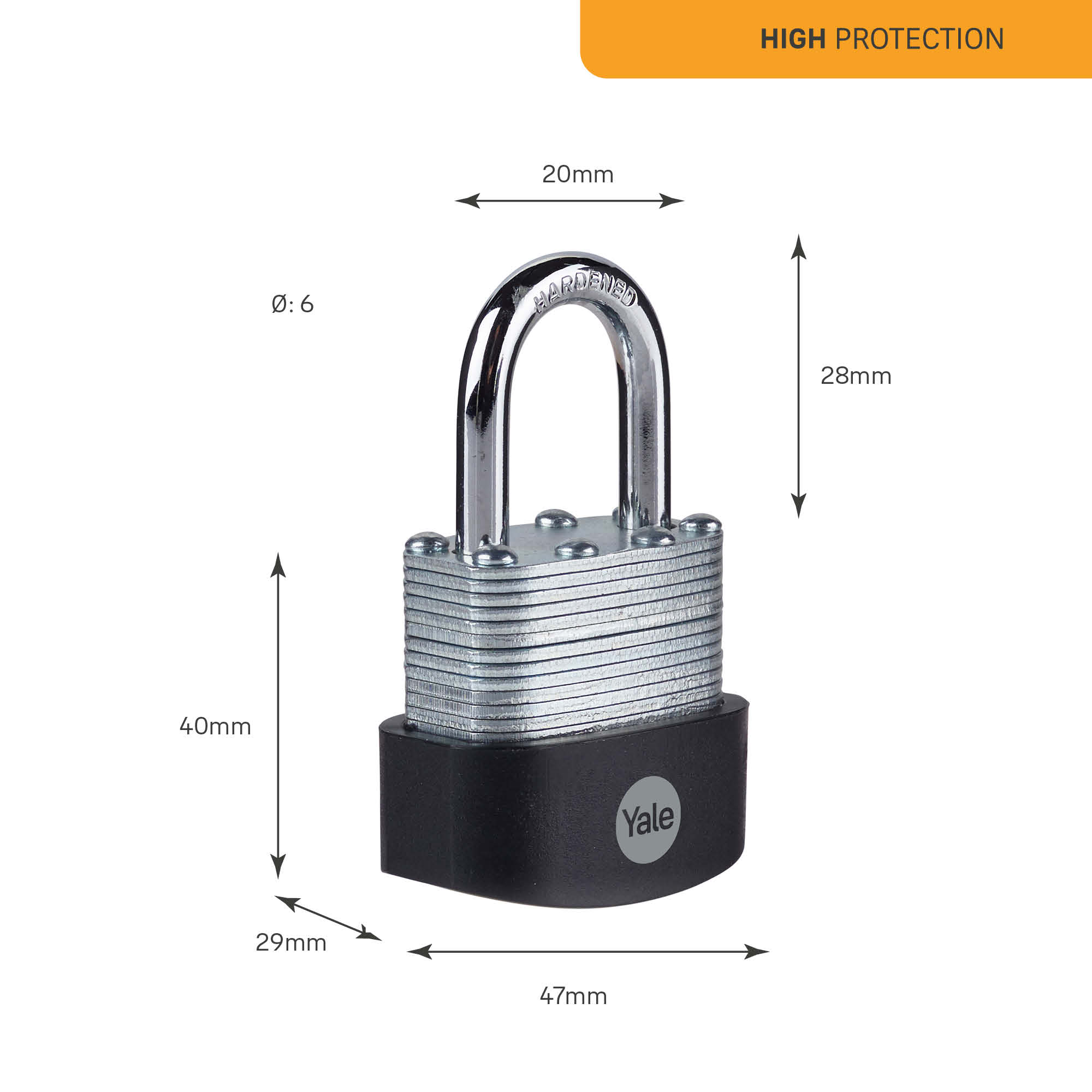 24311000 Yale1 Keyed Steel Padlock Weatherproof, 6 mm Shackle, 47mm Body