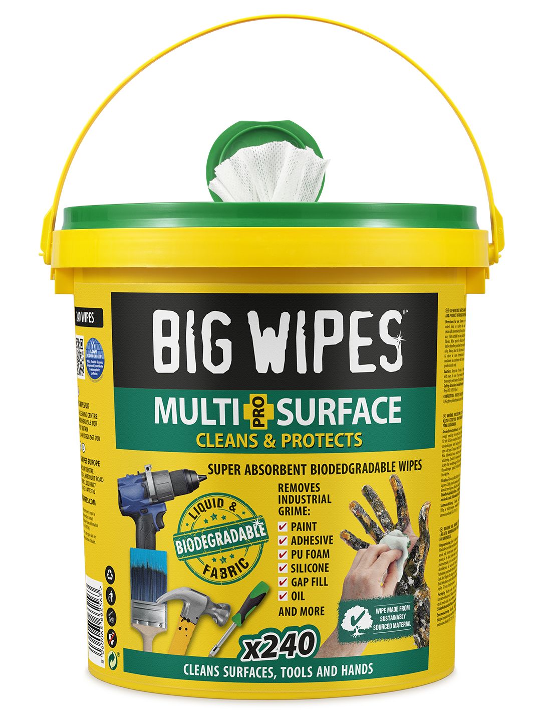 Big Wipes XL SUPER TOWELS PRO Wet Biodegradable, Bucket of, 200 x 300 mm 240 Per Pack
