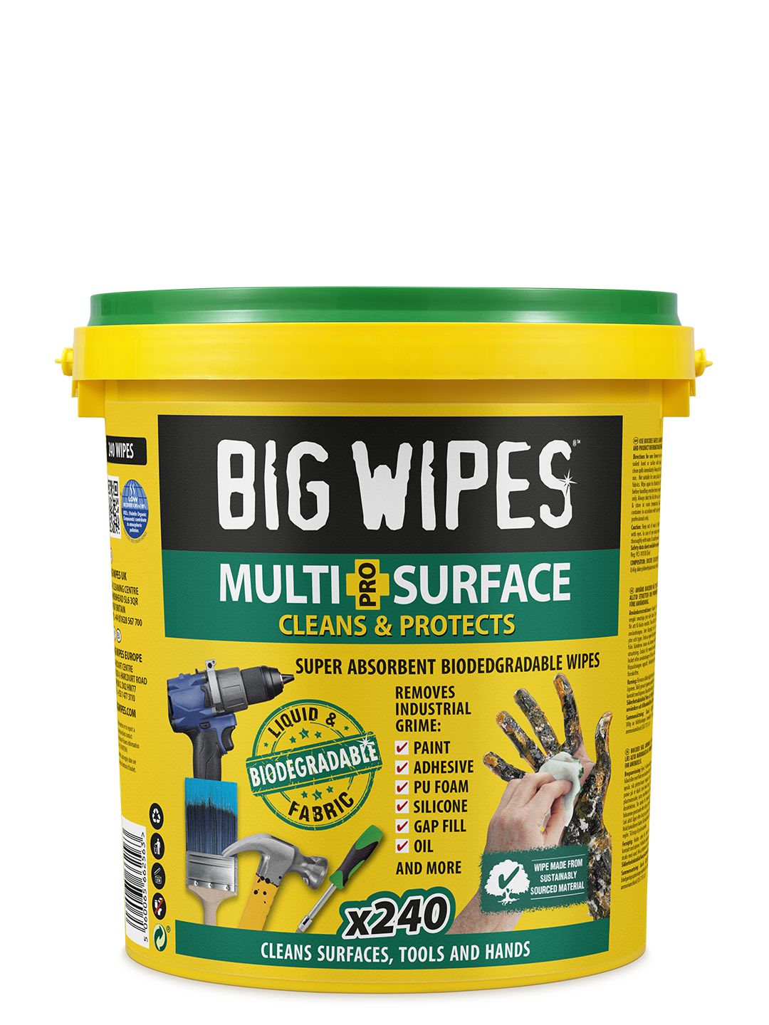 2447-0000 Big Wipes XL SUPER TOWELS PRO Wet Biodegradable, Bucket of, 200 x 300 mm 240 Per Pack