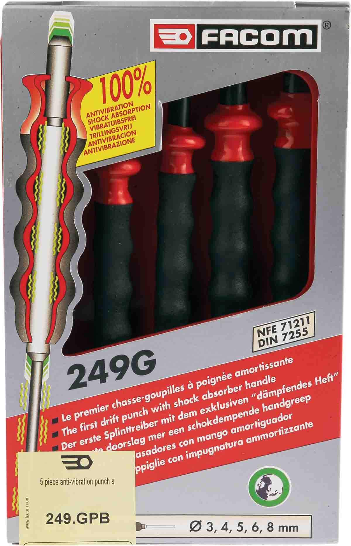 249gpb Facom 5-Piece Punch Set, Anti-Vibration Punch, 3mm, 8 mm Shank