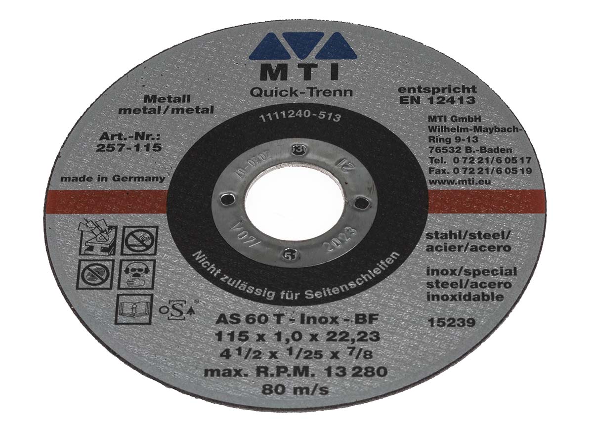 MTI Aluminium Oxide Abrasive Disc QuickTrenn Cut-Off Wheel, 115 mm