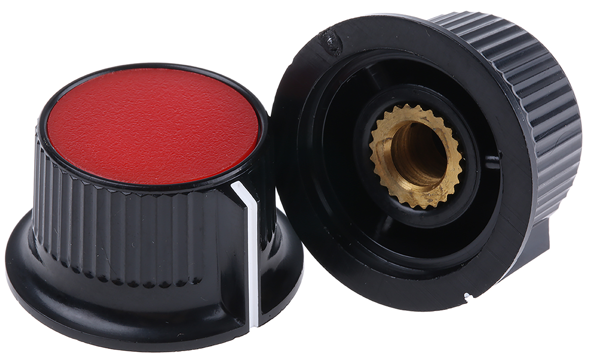RS PRO 28 mm Knob Diameter Black, Red Potentiometer Knob for 6 mm Shaft Circular