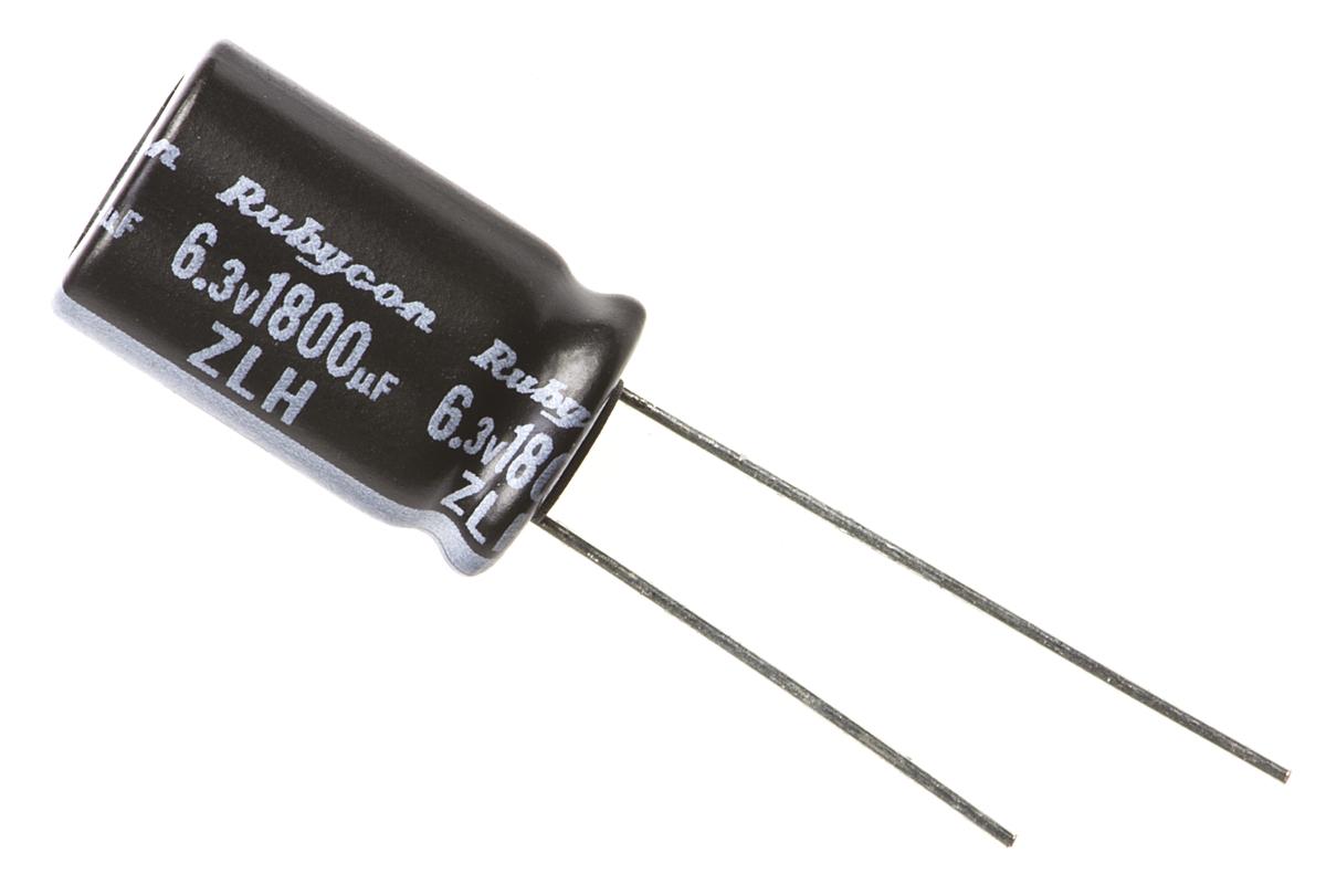 Rubycon 1800μF Aluminium Electrolytic Capacitor 6.3V dc, Radial, Through Hole - 6.3ZLH1800MEFC10X16