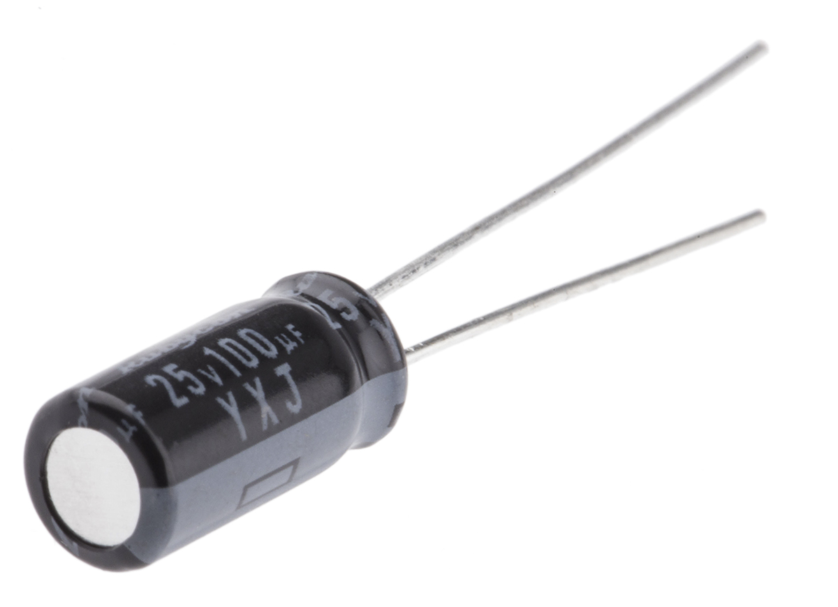 Rubycon 100 μF Capacitor 25V dc, Radial, Through Hole - 25YXJ100M5X11 Radial Lead