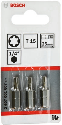 Bosch Screwdriver Bit, 1/4 in Tip, T15 Tip, Hex Drive, 25 mm Overall 1-Piece
