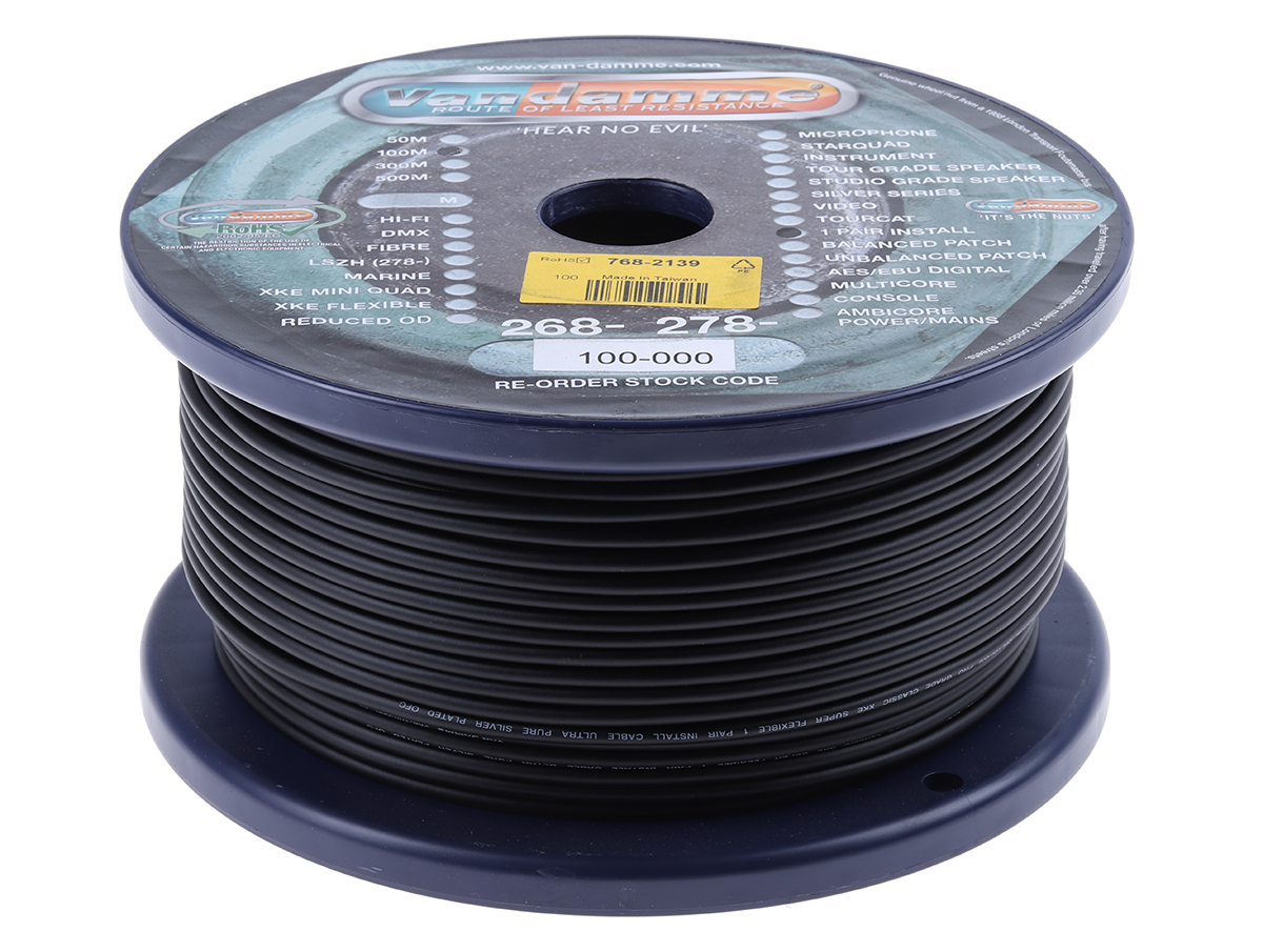 268-100-000 Van Damme 268-100 Series 2 Core Screened, 3.6 mm OD, 100 m, Black