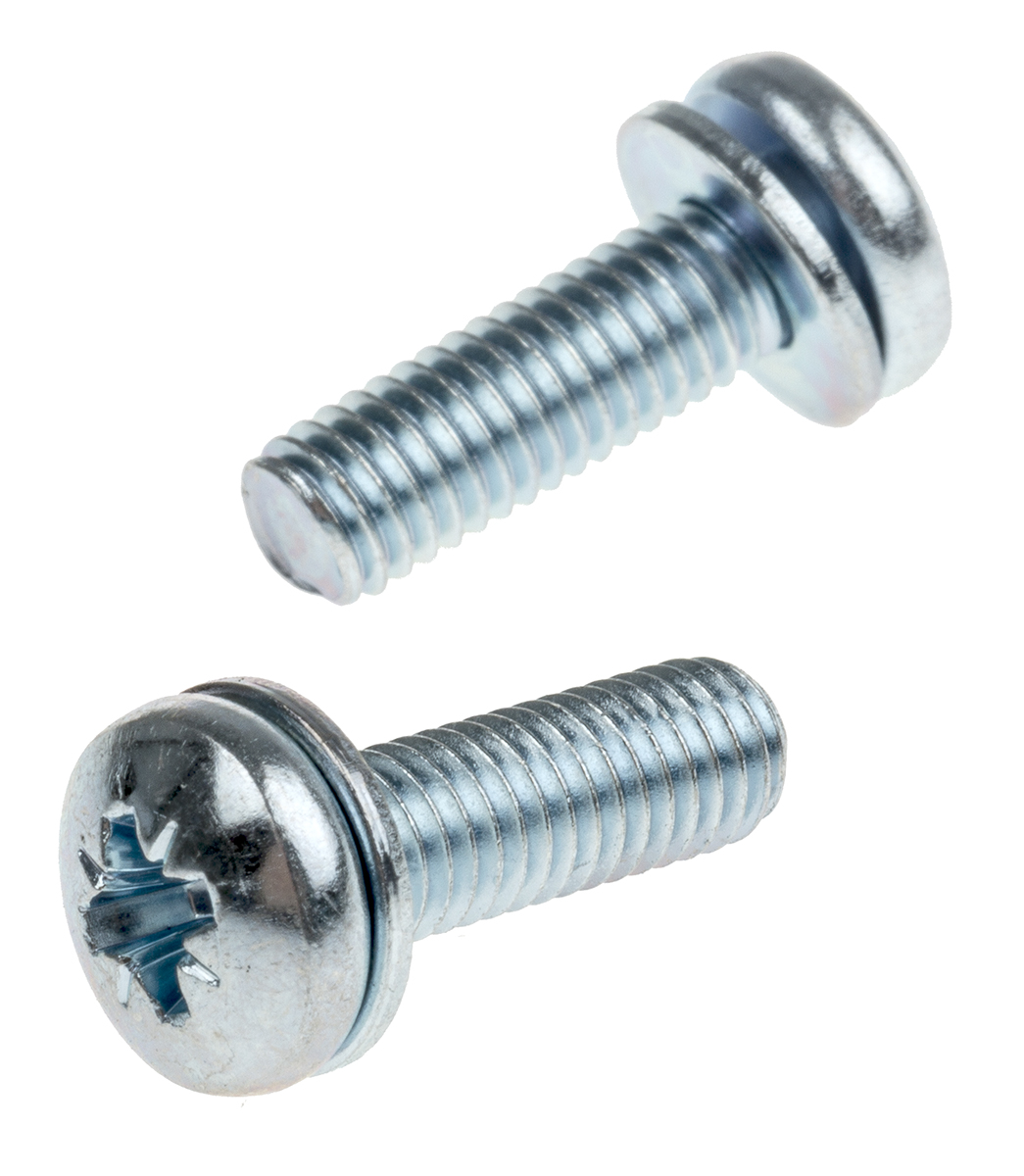 RS PRO x 16 mm Bright Zinc Steel Pan Head Sems Screw, Spring Washer