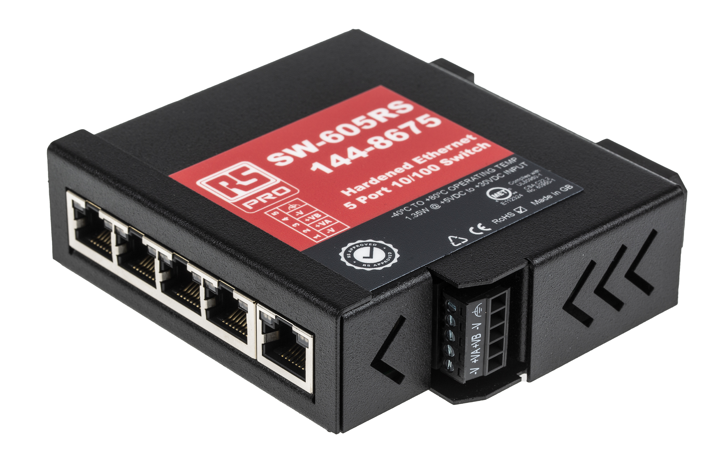 144-8675 RS PRO DIN Rail Mount Industrial Ethernet Switch, 5 RJ45 Ports, 10/100Mbit/s Transmission