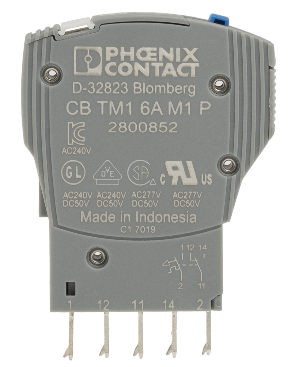 2800852 Phoenix Contact TRABTECH TRABTECH Thermal Circuit Breaker - 1-Pole, Base, 6A Current Rating, 277V ac, 50 V dc