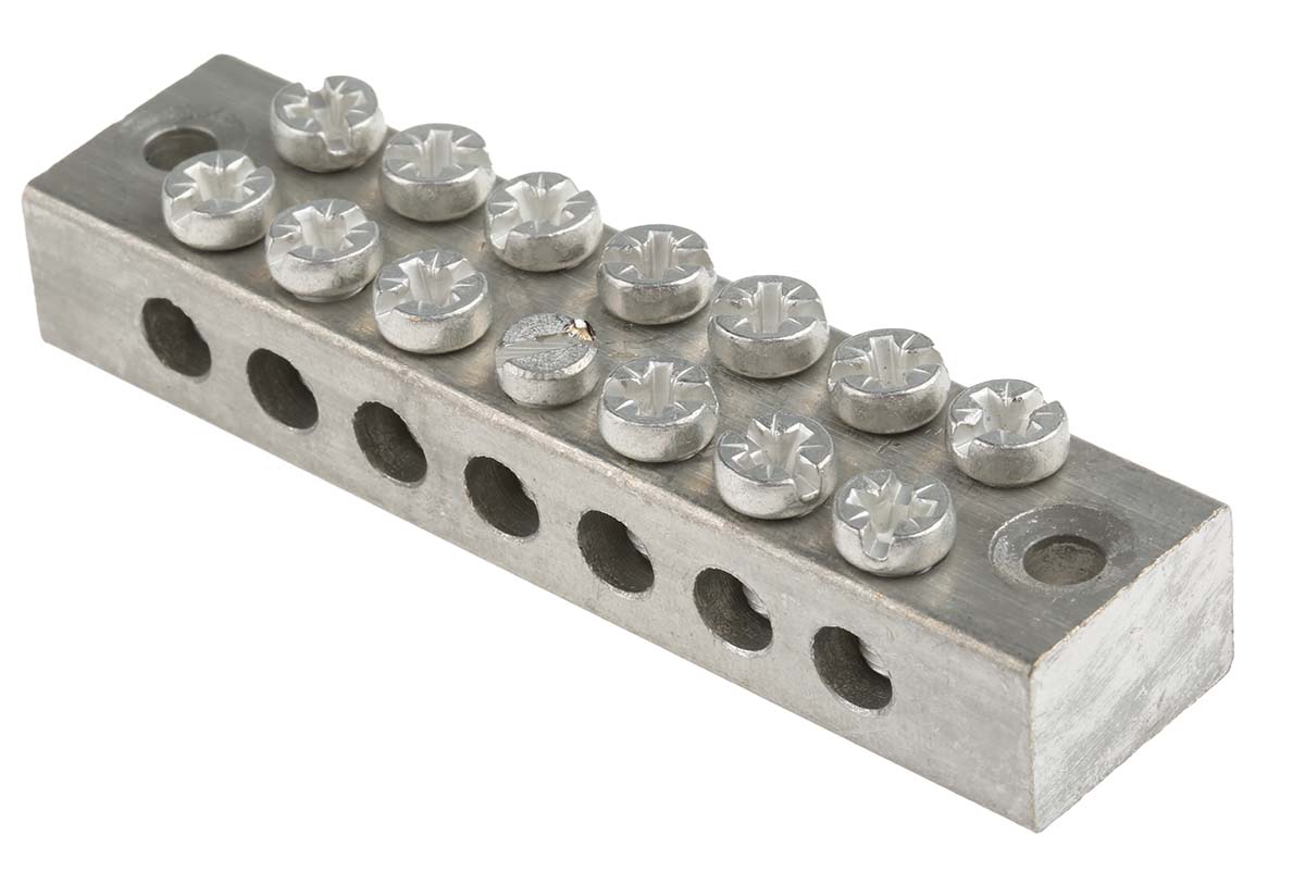 RS PRO 7-Way Double Screw Earth Terminal Block, 0mm², 16 mm², 16AWG Wire, Screw, Brass Housing
