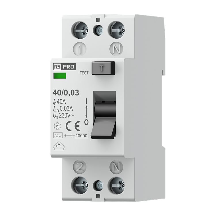 RS PRO NF12 Series Residual Current Circuit Breaker, 40A, 2-Pole, 30 mA, Type A 230V ac