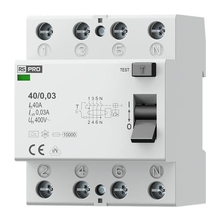 RS PRO NF14 Series Residual Current Circuit Breaker, 40A, 4-Pole, 30 mA, Type A 400V ac