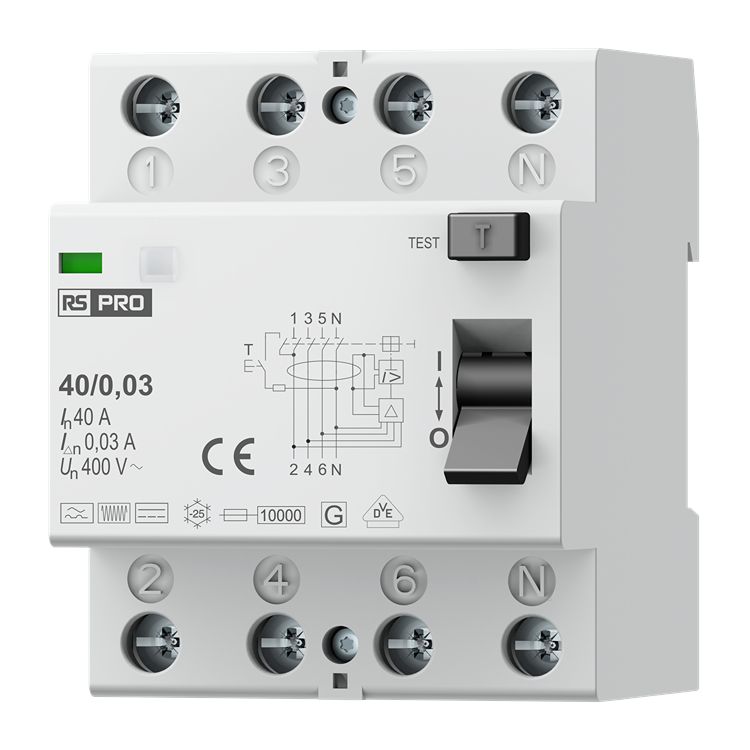 RS PRO NF14 Series Residual Current Circuit Breaker, 40A, 4-Pole, 30 mA, Type B 400V ac