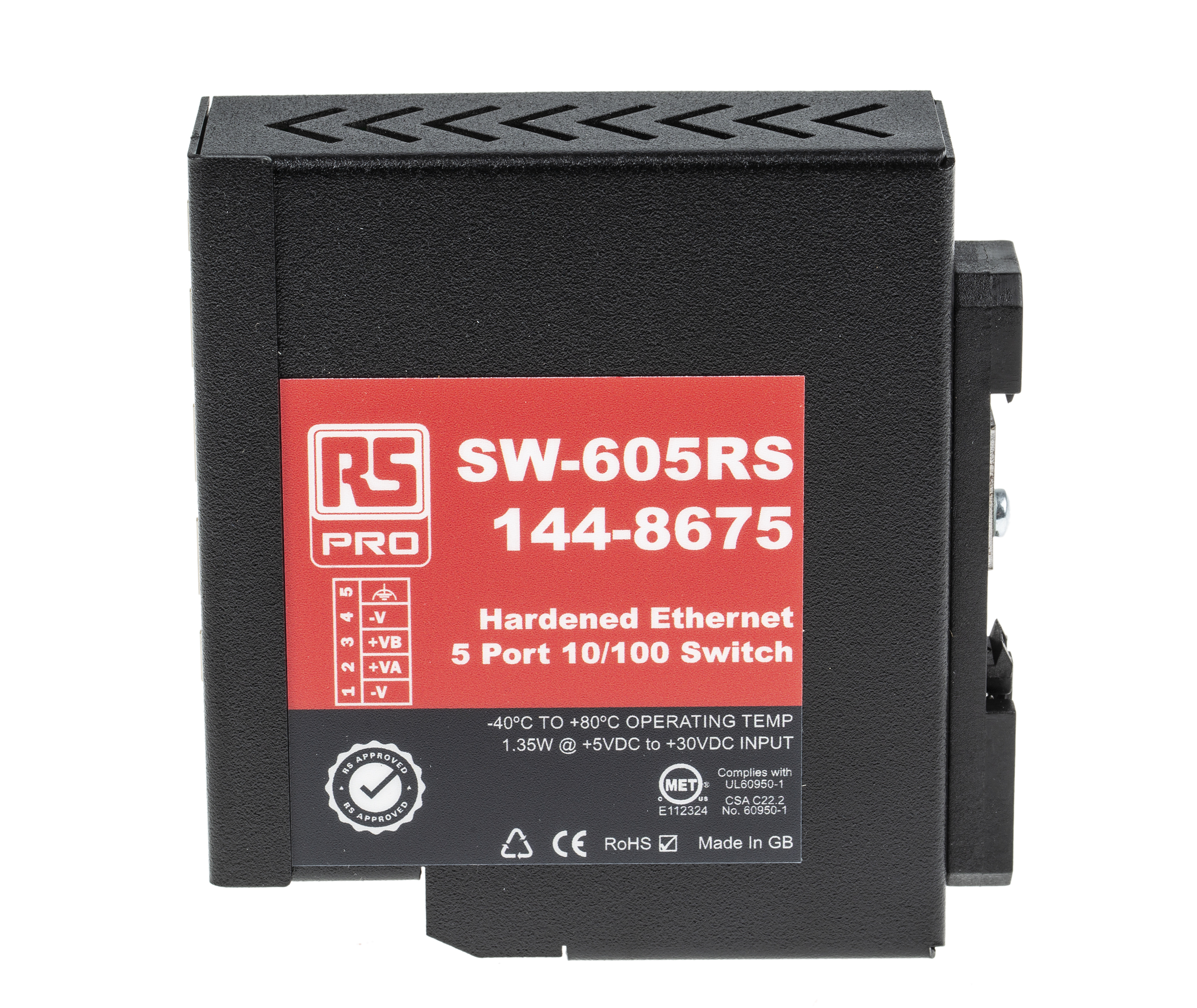144-8675 RS PRO DIN Rail Mount Industrial Ethernet Switch, 5 RJ45 Ports, 10/100Mbit/s Transmission