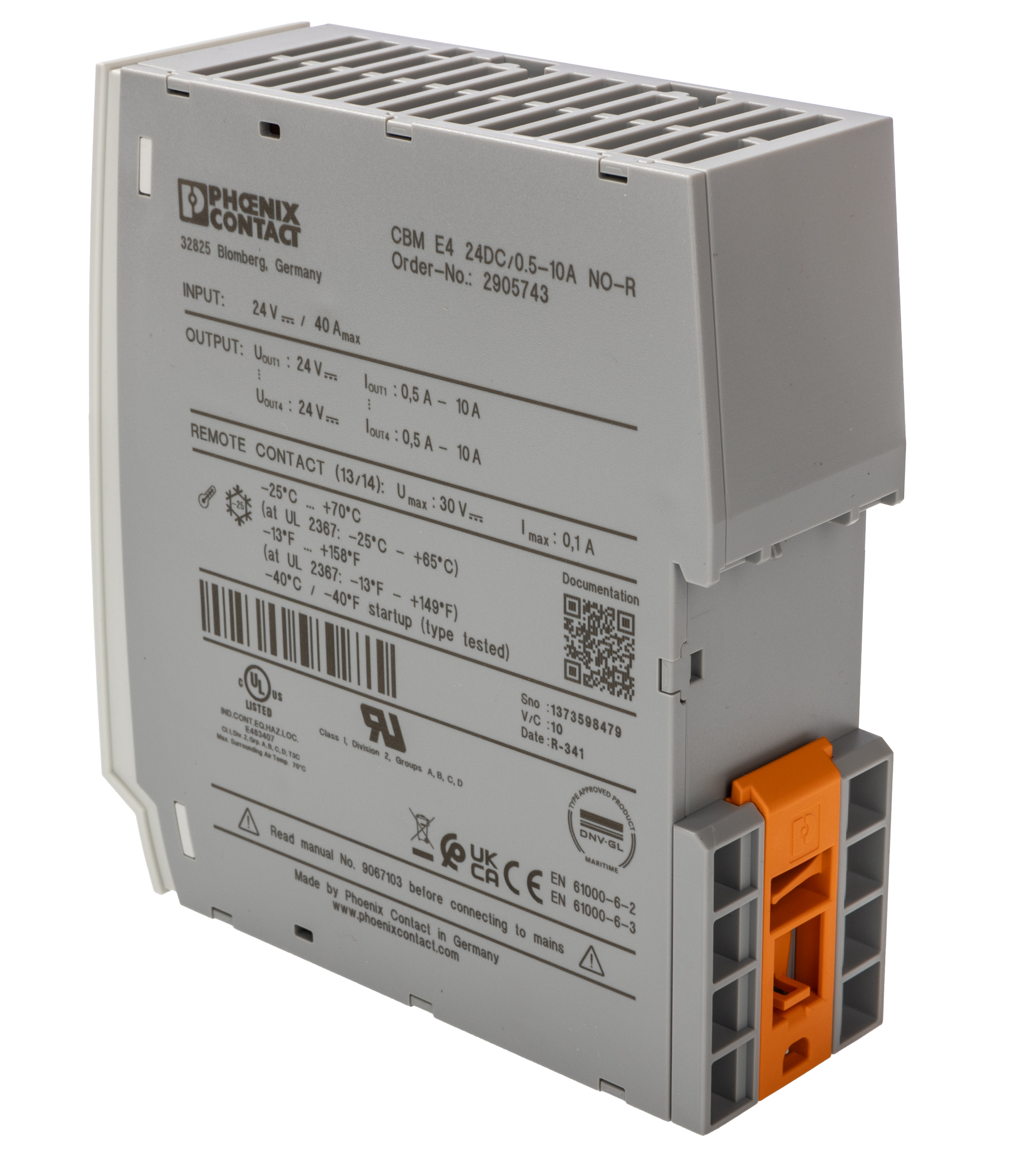 2905743 Phoenix Contact CBM CBM Electronic Circuit Breaker 10A 24V, 4 channels, DIN Rail Type E