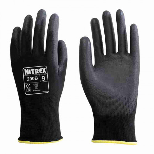 Unigloves 290B Black Polyester (Liner) Work Gloves, Size 9, Polyurethane Coating