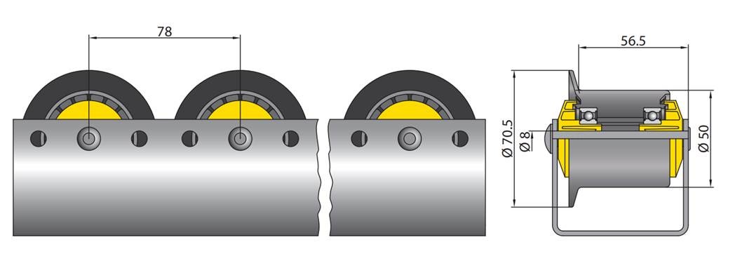 2910 Interroll Polyamide Round Conveyor Roller Conveyor Roller Flange 50 mm Dia. x 65 mm L, 300 N, 8 mm Spindle, 63 mm