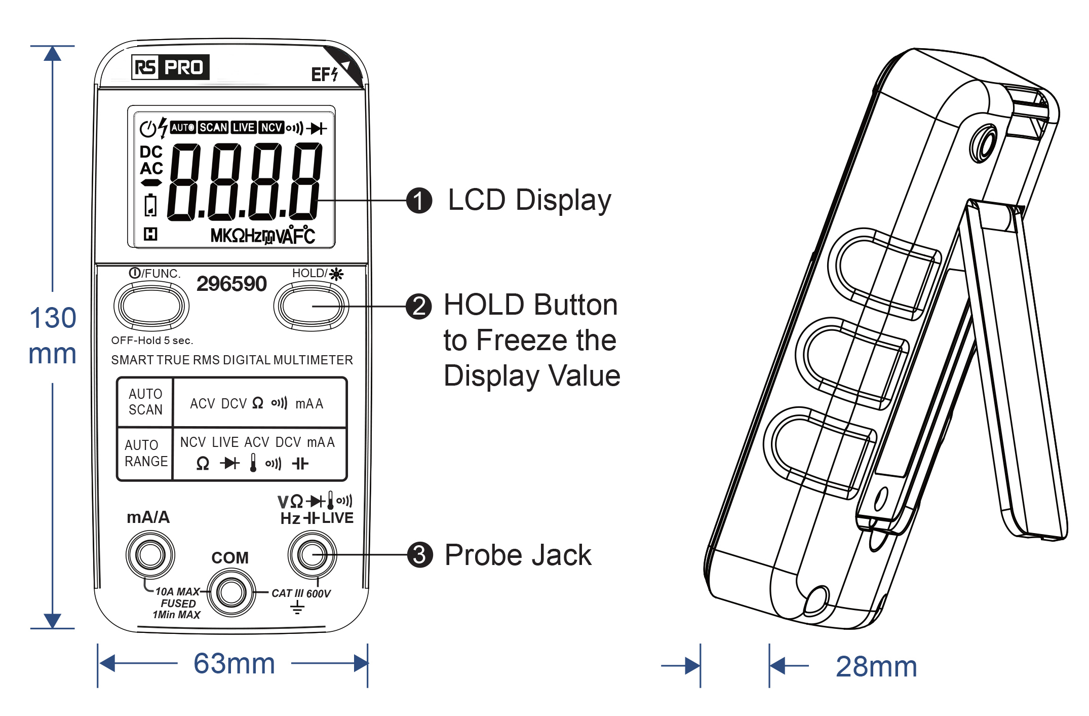 296-593 RS PRO 296590 Digital Digital Digital Multimeter, 10 A ac, 10 A dc, 600 V ac - UKAS Calibrated