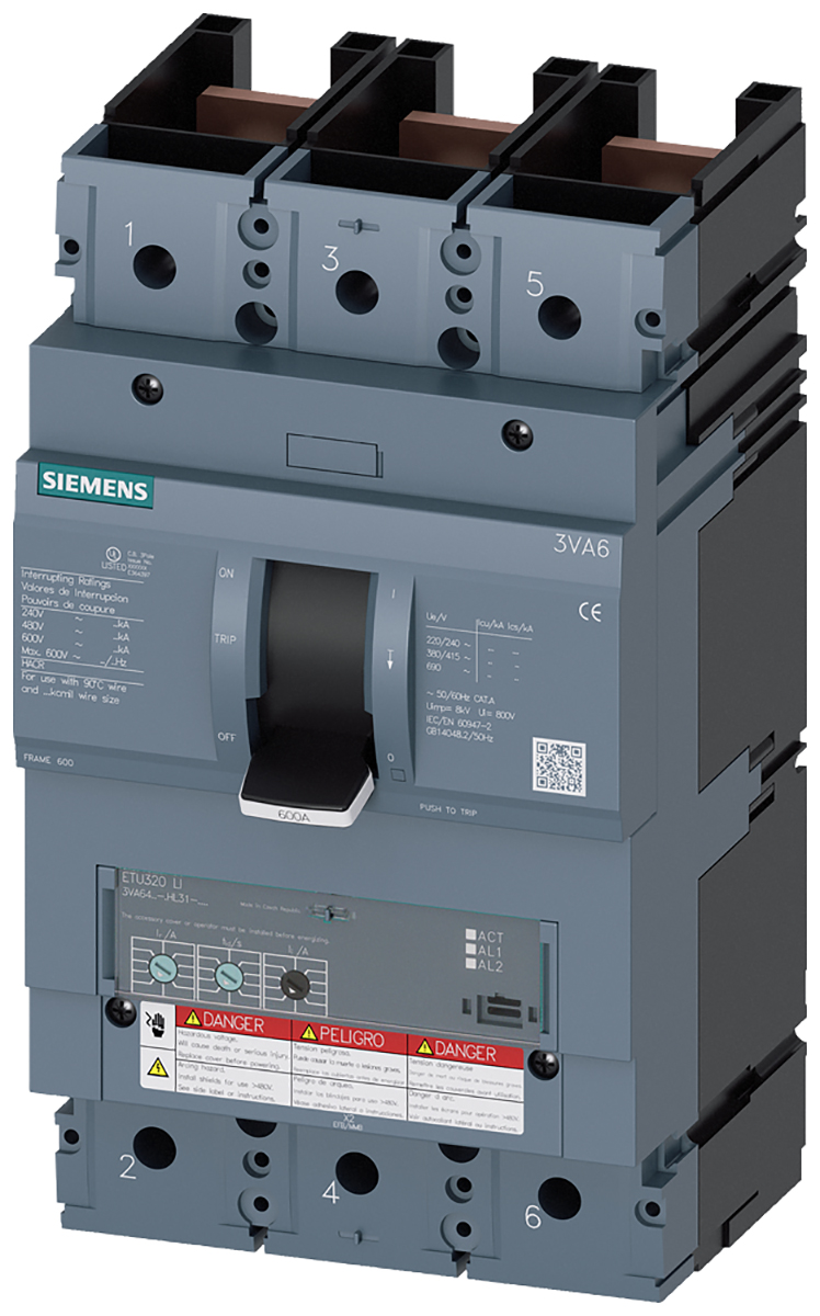 Siemens, Sentron Circuit breaker 3P 600A, Breaking Capacity 35 kA, DIN Rail Mount