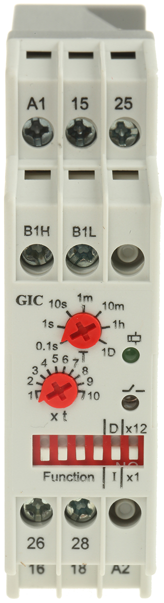GIC 1CJ Series DIN Rail Timer Relay, 2-Contact, 240 V dc 24V ac, 240 V ac, 0.1 s to 120 Days, Multifunction-Function,