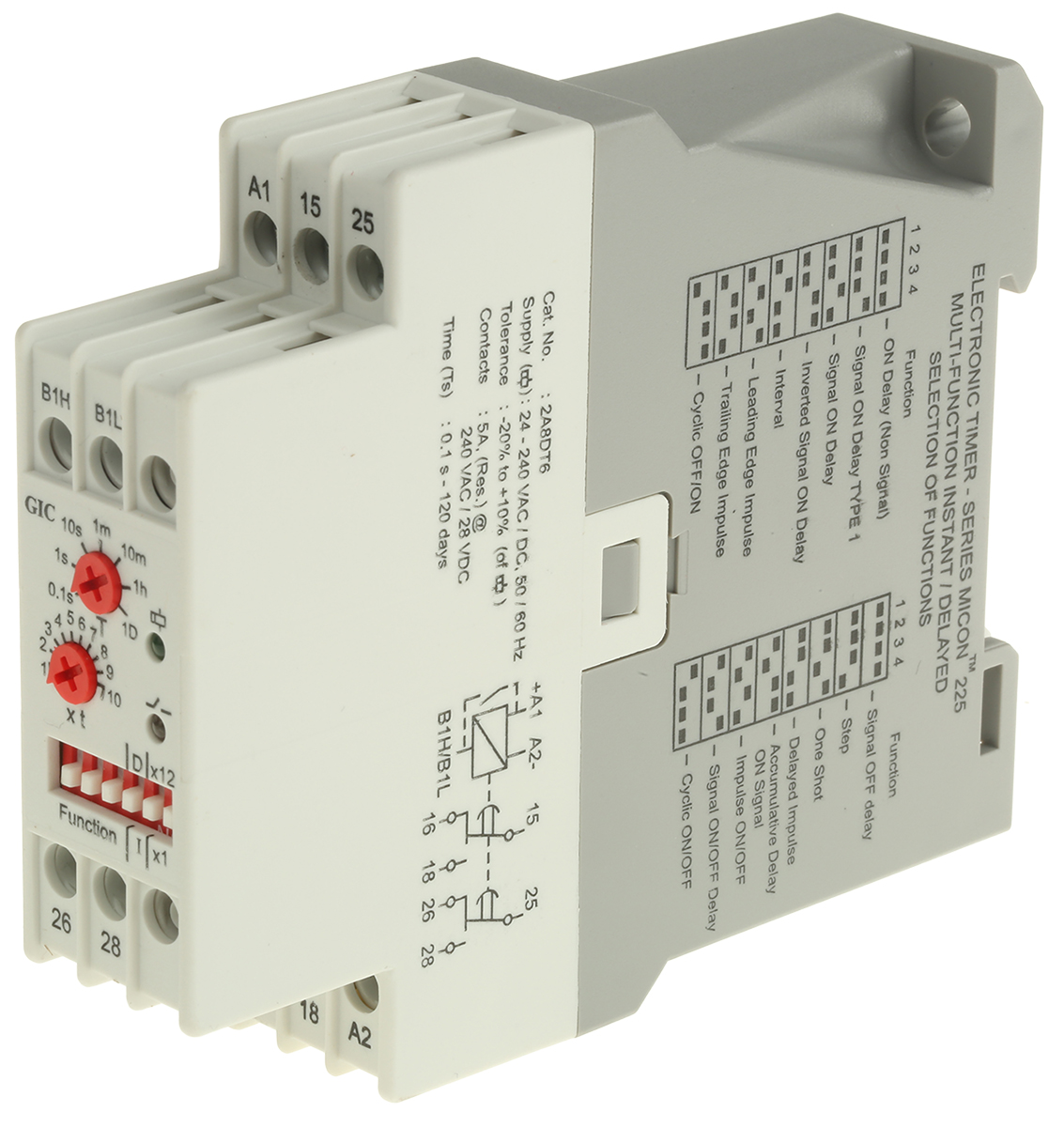 2a8dt6 GIC 1CJ Series DIN Rail Timer Relay, 2-Contact, 240 V dc 24V ac, 240 V ac, 0.1 s to 120 Days, Multifunction-Function,