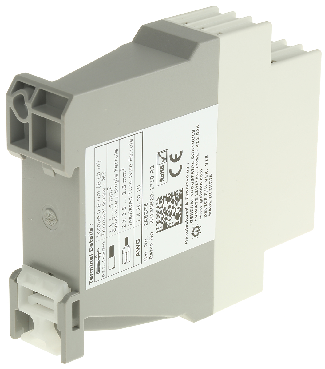 2a8dt6 GIC 1CJ Series DIN Rail Timer Relay, 2-Contact, 240 V dc 24V ac, 240 V ac, 0.1 s to 120 Days, Multifunction-Function,