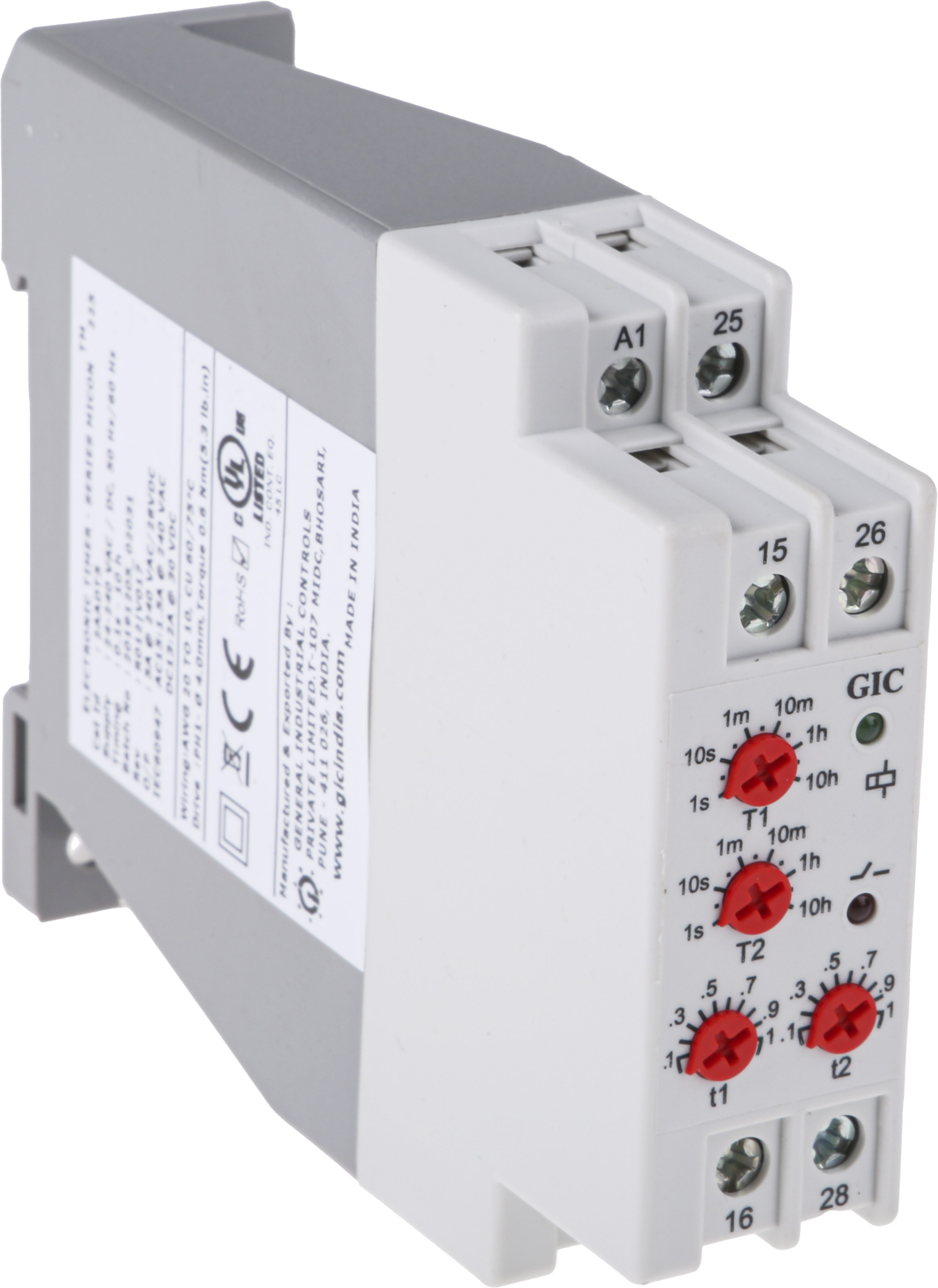 GIC 2AAD Series DIN Rail Timer Relay, 2-Contact, 240 V dc 24V ac, 240 V ac, 0.1 s to 10 h, Multifunction-Function, DPDT