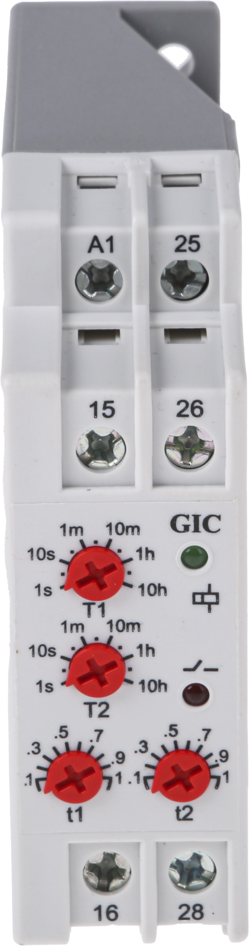 2aadt5 GIC 2AAD Series DIN Rail Timer Relay, 2-Contact, 240 V dc 24V ac, 240 V ac, 0.1 s to 10 h, Multifunction-Function, DPDT