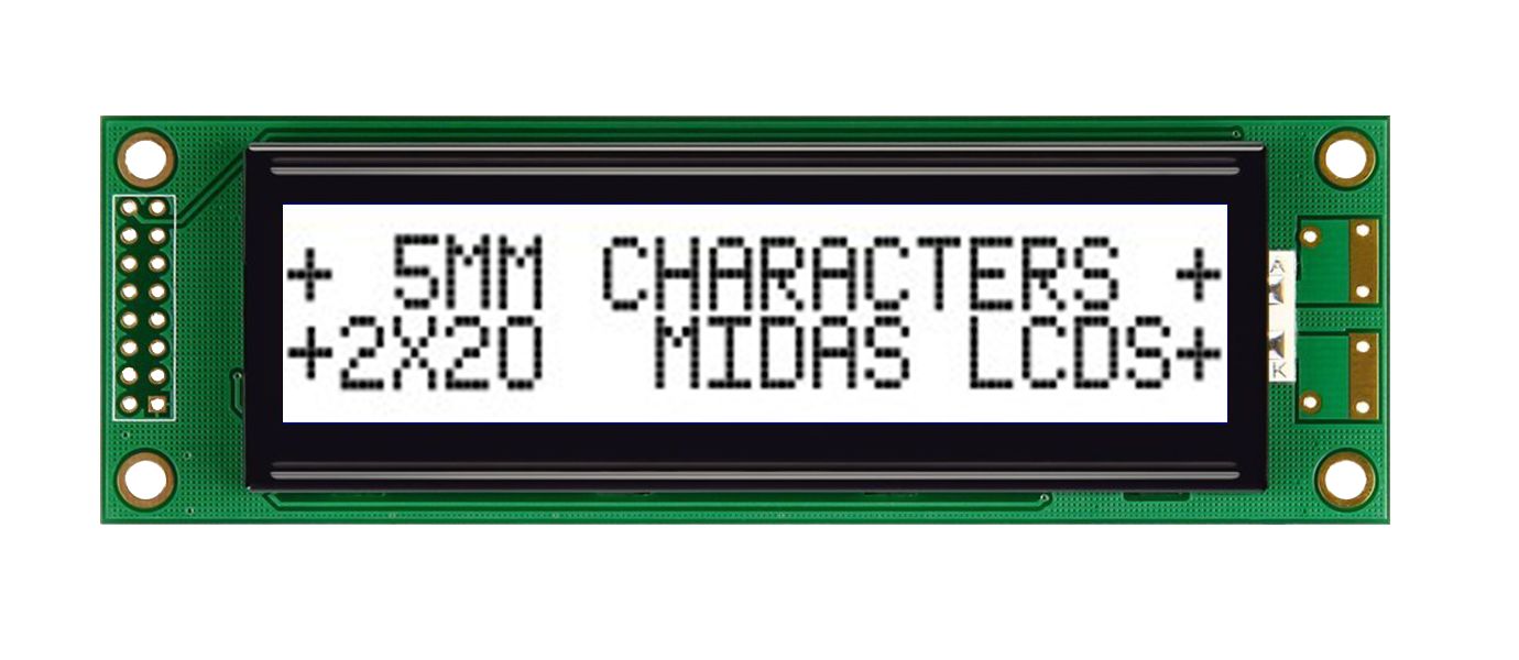 Midas MC22005A6W-FPTLWI-V2 Alphanumeric LCD Alphanumeric Display, 2 Rows by 20 Characters