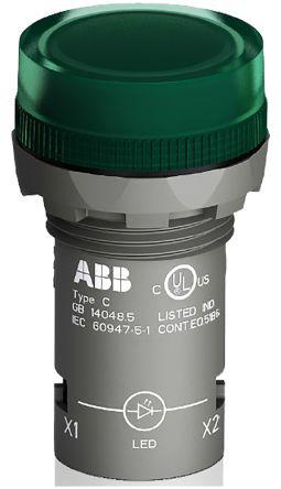 ABB Green LED Pilot Light, 22.3mm Cutout, IP66, IP67, IP69K, Round, 24 V ac/dc, 16 mA