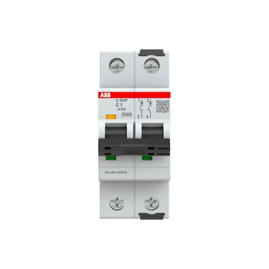ABB S302 Miniature Circuit Breaker, 2-Pole, 1A, Type C, 415V ac AC, 125 V dc DC, 100 kA Breaking Capacity