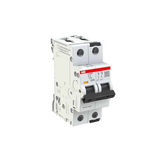 ABB S302 Miniature Circuit Breaker, 2-Pole, 4A, Type C, 415V ac AC, 125 V dc DC, 100 kA Breaking Capacity