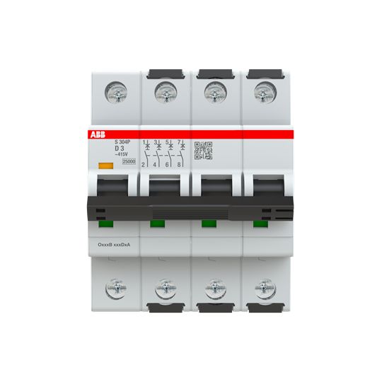 ABB S304 Miniature Circuit Breaker, 4-Pole, 3A, Type D, 415V ac AC, 125 V dc DC, 100 kA Breaking Capacity