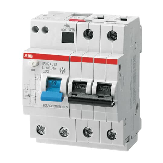 ABB Residual Current Circuit Breaker with Overload Protection, 32A Current Rating, 2-Pole, Type C, RCBO DS202 Range,